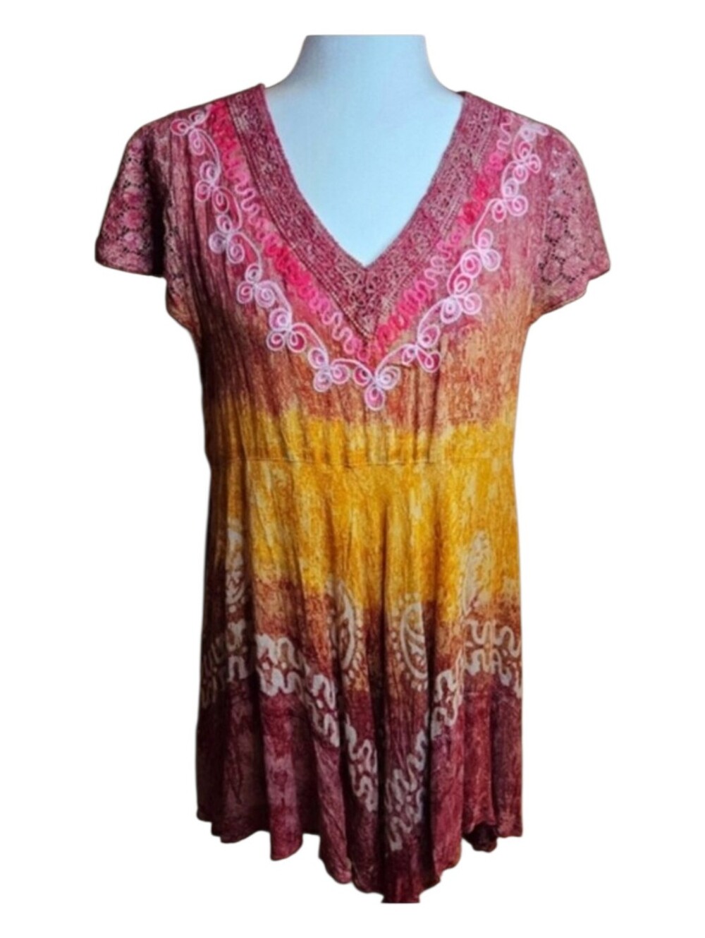 NWT Shoreline Boho Embroidered Tie Dye Tunic Dress 2XL Fits M/L Pink Yellow